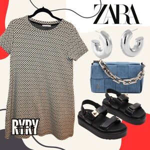 ⚫️⚪️Zara Trafaluc Black and White Patterned Short sleeve A-Line Knit Dress Sz L